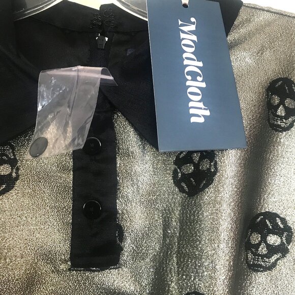 NEW gold modcloth skull peter pan collar dress size 8 medium - Picture 2 of 9